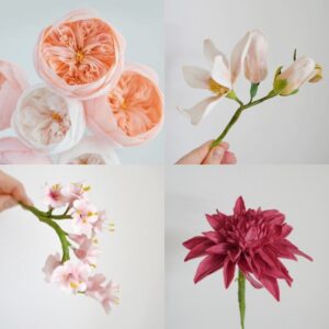 A képen olyan cukorvirágokat láthatsz, mint az angolrózsa, cseresznyefa virág, dália, valamint magnólia. Ezek a virágok is a haladó workshop tematika részét képzik.