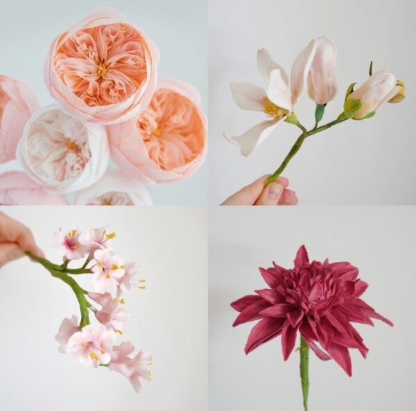 A képen olyan cukorvirágokat láthatsz, mint az angolrózsa, cseresznyefa virág, dália, valamint magnólia. Ezek a virágok is a haladó workshop tematika részét képzik.
